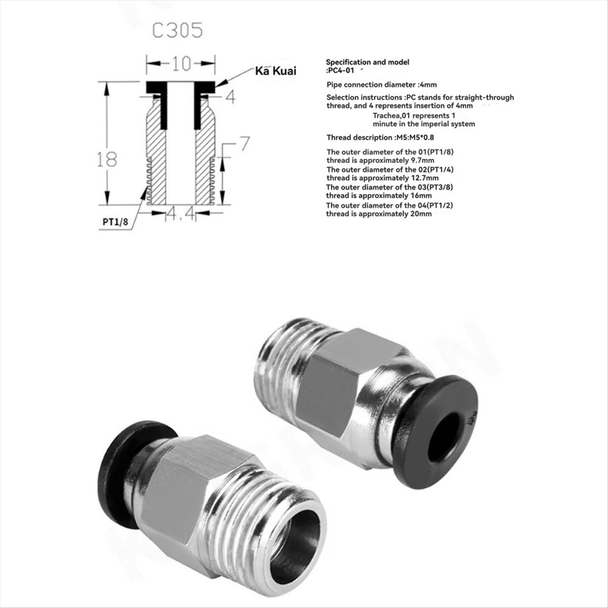 Ptfe Tube - 【A60I】 PC4-M10 Steckverbinder für Pneumatik-PTFE-Schläuche, männlich,
